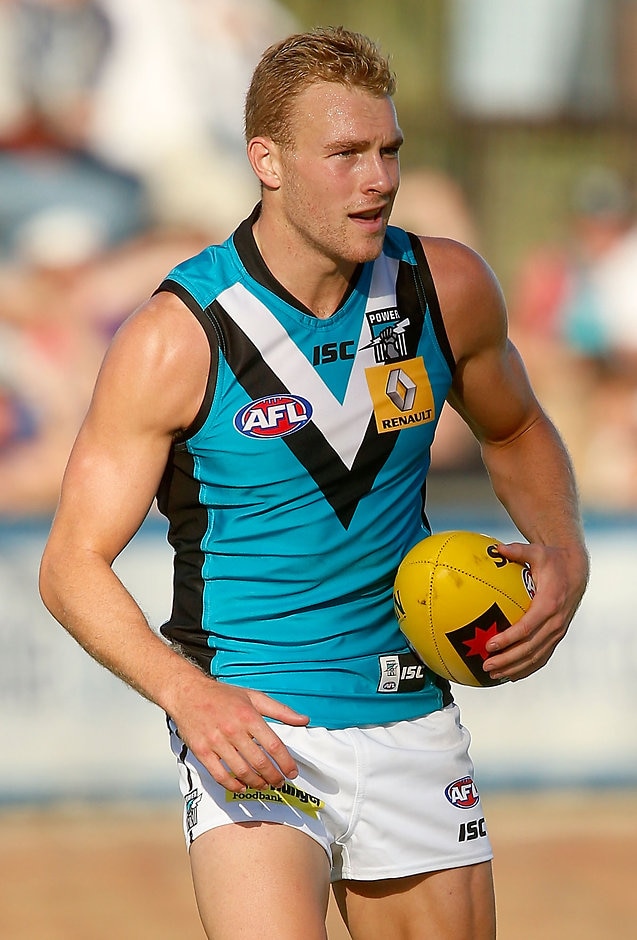 AFL 2015 NAB Challenge - Richmond v Port Adelaide Andrew Moore of the Power in action during the 2015 NAB Challenge Week 3 match between the Richmond Tigers and Port Adelaide Power at Lavington Sports Ground, Albury on March 14, 2015. (Photo: Justine Walker/AFL Media)